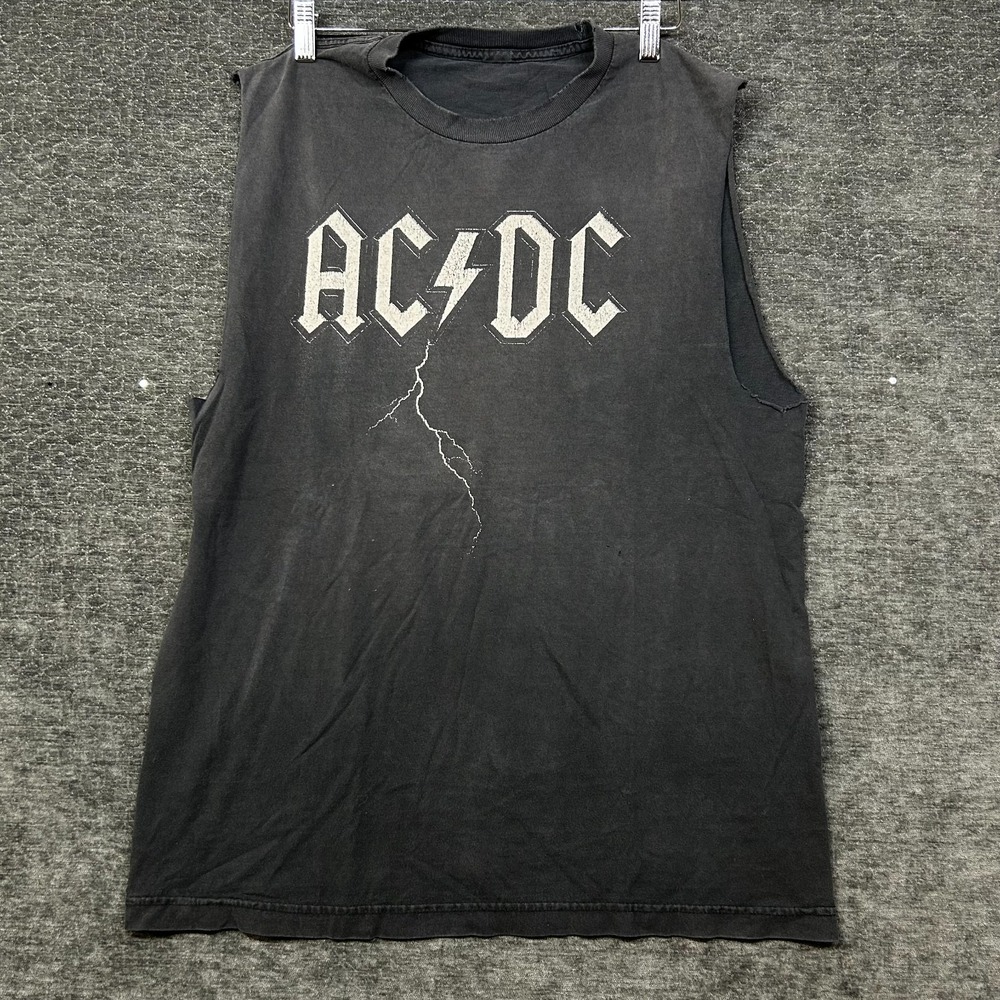Vintage AC/DC Cutoff Sleeveless Muscle T-Shirt Black Lightning Logo Distressed